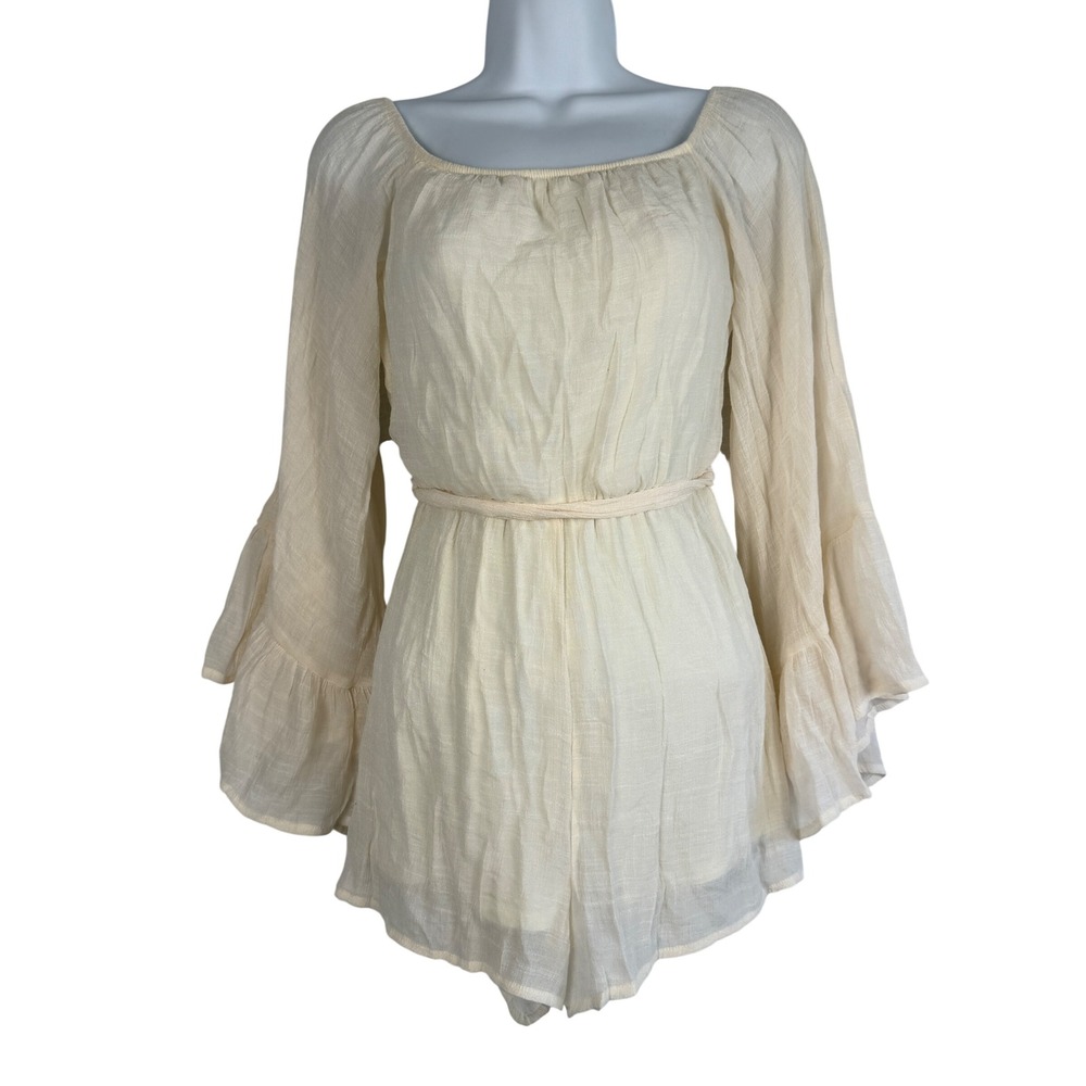 Cream Gauze Bell Sleeve Belted Romper Shorts Size Small Flare Festival Boho